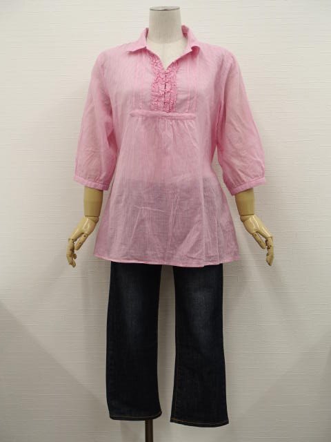 美品 Sanpigalle等 七分袖POブラウス+クロップドデニムパンツ コーデ2点セット M相当 ピンク系 ストライプ/紺 カジュアル系 20代・30代~拍卖