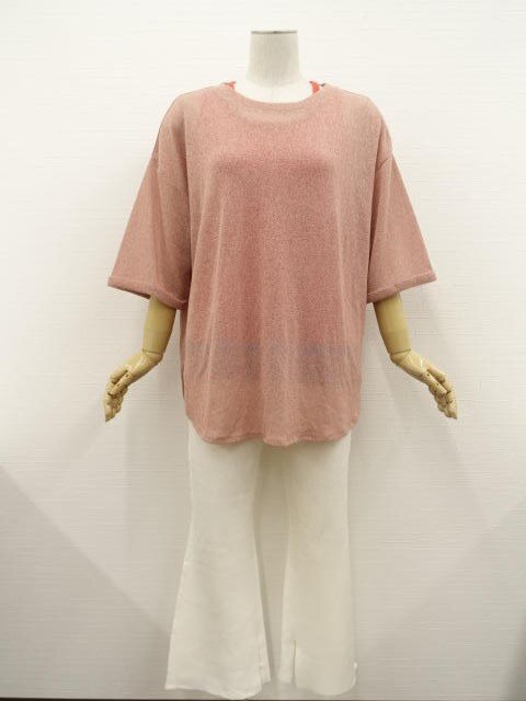 美品 maca等 七分袖ニットカットソー+フレアパンツ コーディネート2点セット+おまけキャミソール付き M相当 ピンク/白 カジュアル 20代~拍卖