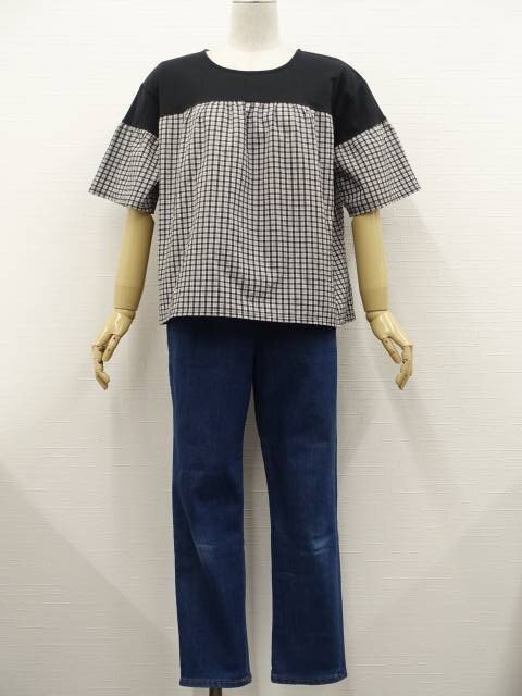 美品 Lugnoncure等 五分袖カットソー+デニムテーパードパンツ コーディネート2点セット M相当 黒&黒白 チェック/青 カジュアル系 20代~拍卖