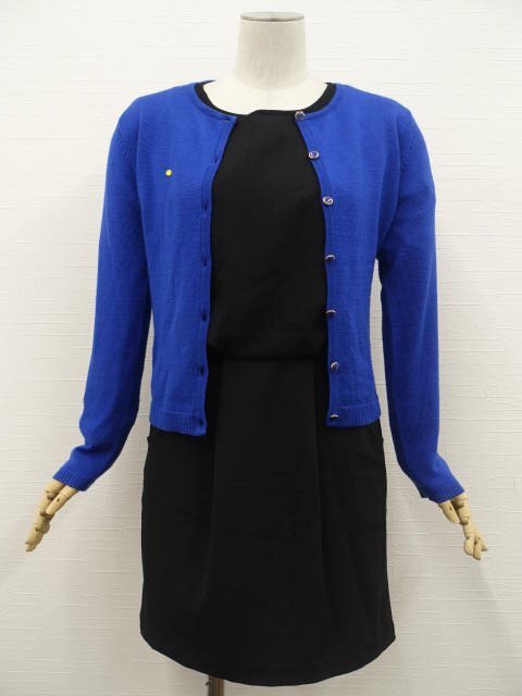美品 SPR等 長袖ニットカーディガン+長袖膝丈ワンピース コーディネート2点セット M相当 ブルー系/ブラック きれいめ系 20代~30代拍卖