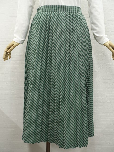 大きいサイズ 美品 dearful ロング丈 プリーツスカート 3L グリーン系 ななめストライプ柄&チェック柄 【メール便可】拍卖
