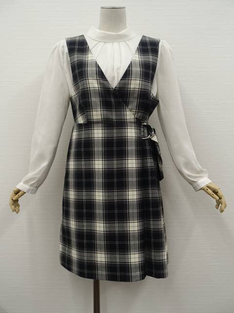 美品 ロペピクニック ROPE PICNIC 洗える ひざ丈 ジャンパースカート 36 ブラック×ホワイト チェック柄 【メール便可】拍卖