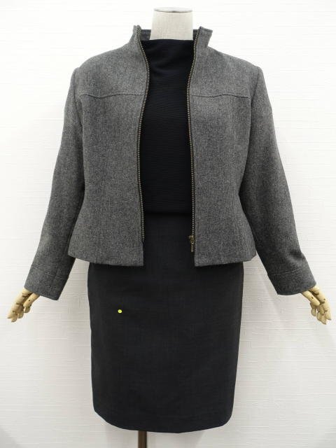 美品 Ces Bijon等 長袖 ジャケット+長袖 カットソー+ひざ丈 スカート コーディネート3点セット L相当 グレー/黒×白/グレー系 30代~40代拍卖