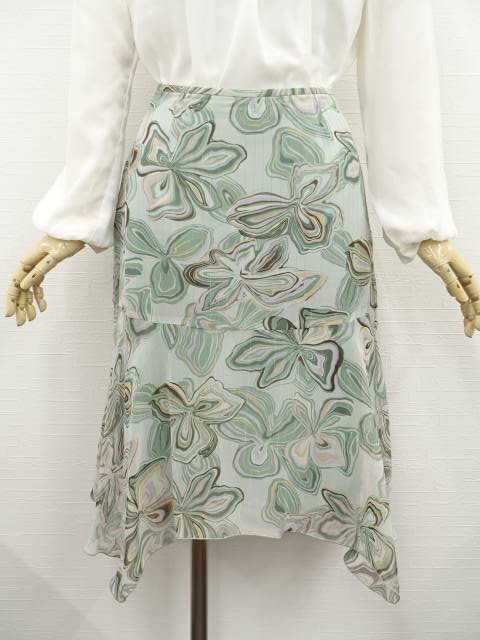 美品 Fee de soir ロング丈 シフォンランダムヘムスカート グリーン系 総柄&ゴールド ストライプ柄 【メール便可】拍卖