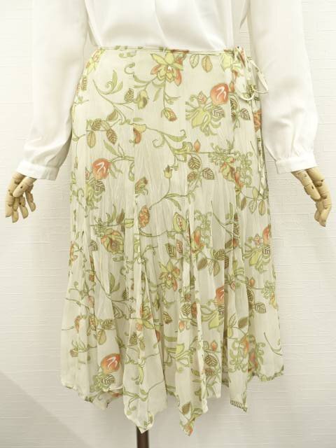 美品 comme une femme ひざ丈 シフォンランダムヘムスカート 11 ベージュ地 グリーン×イエロー×オレンジ 花柄 【メール便可】拍卖