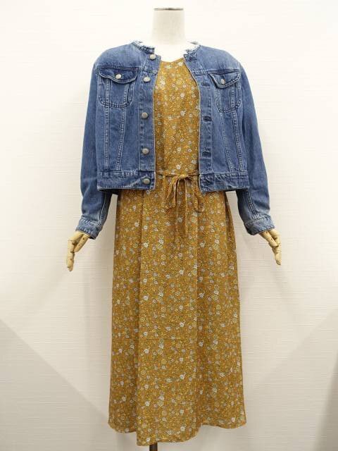 美品 KBF等 長袖Gジャン+マキシ丈前後2wayワンピ コーデ2点セット M相当 青+茶系地 黄系×白 小花柄 きれいめ・カジュアル系 20代~40代拍卖