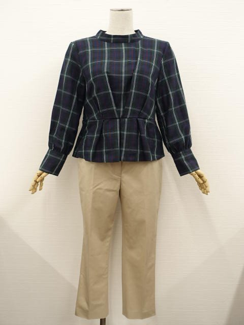 美品 S.J.FERRY等 長袖ブラウス+チノストレートパンツ コーディネート上下2点セット L相当 緑系 チェック/ベージュ きれカジ系 20代~拍卖