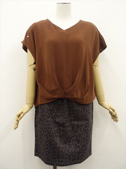 美品 INGNI&LEPSIM LOWRYS FARM 洗える 半袖ブラウス+タイトスカート コーデ上下2点セット M相当 茶/茶系 アニマル きれいめ系 30代~40代拍卖