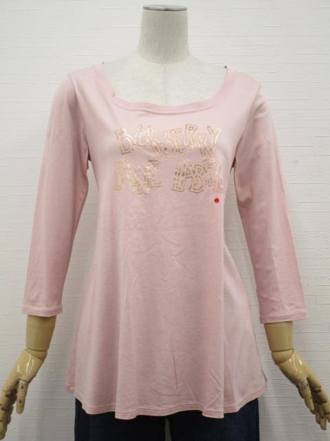 美品 バーバリーブルーレーベル BURBERRY BLUE LABEL 七分袖 ラウンドネック カットソー 38 ピンク地 ゴールド 英字 【メール便可】拍卖