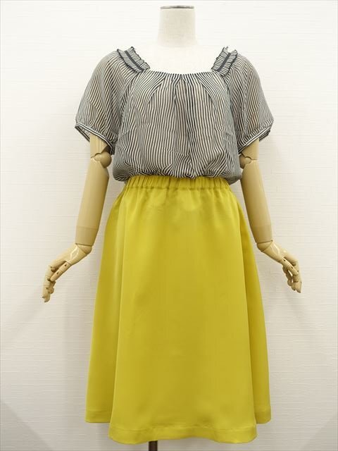 美品 innowave等 シフォンブラウス+フレアスカート コーデ2点セット L相当 黒×白 ストライプ/黄系 きれいめ系 30代~40代 【メール便可】拍卖