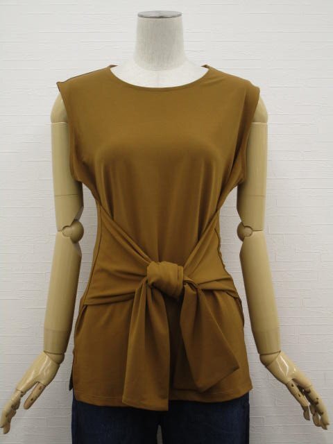 新品タグ付 ジーユー GU ノースリーブ ラウンドネック ウエストリボンTシャツ L ブラウン 【メール便可】拍卖