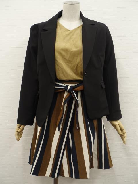 美品 GU等 長袖ジャケット+カットソー+膝丈スカート コーデ3点セット S相当 黒/茶/白×茶×紺 ストライプ きれいめ系 20代~30代~40代拍卖