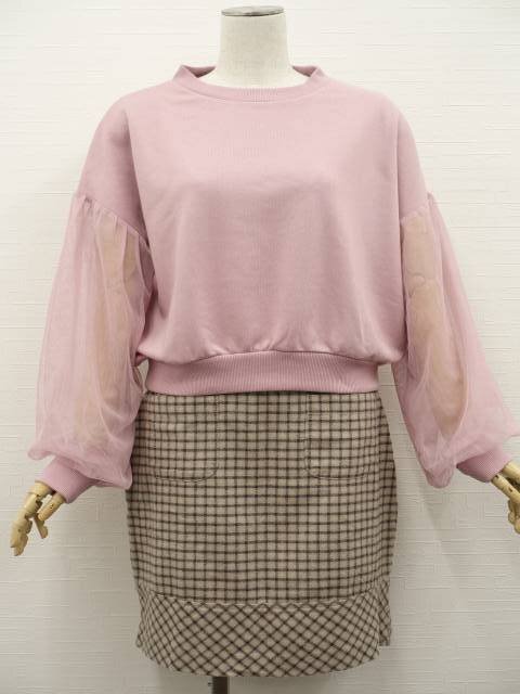 美品 BROWNY&TOMMY HILFIGER 洗える スウェット+スカート コーディネート上下2点セット M相当 ピンク/灰系地チェック フェミニン系 20代拍卖