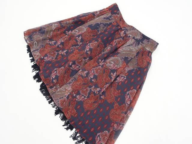 美品 ルスーク Le souk ひざ丈 シフォンタックフレアスカート 38 ネイビー×レッド×マルチカラー ペイズリー柄 【メール便可】拍卖