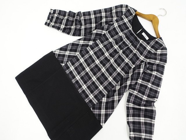 美品 ネイビー NAVY 洗えるひざ丈 長袖 チュニックワンピース M ブラック×ホワイト×グレー チェック柄&ブラック 【メール便可】拍卖