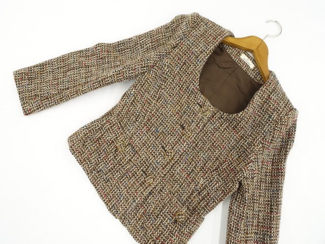 美品 MARS Dimanche 長袖 ツイードノーカラージャケット 9AR ブラウン×ベージュ×オレンジ×ブルー ミックス拍卖