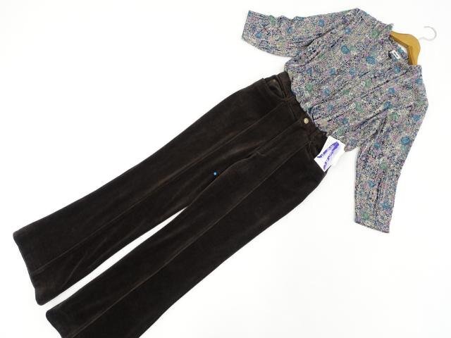 美品 bloom等 七分袖 ブラウス+ベロアパンツ コーディネート上下2点セット M相当 紫×緑×マルチカラー 総柄/茶 フェミニン系 50代拍卖