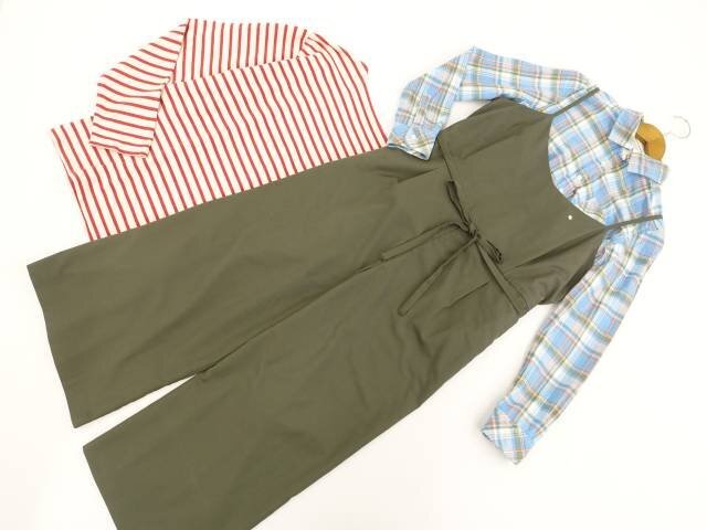 美品 GU等 オールインワン+シャツ+カットソー コーデ3点セット M相当 緑/水色系 チェック/ベージュ×赤 ボーダー カジュアル系 20代・30代拍卖