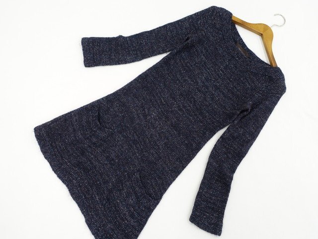 美品 ジュエルチェンジズ Jewel Changes ひざ丈 長袖 ボートネック ニットワンピース ネイビー×スカイブルー×シルバーラメ ミックス拍卖