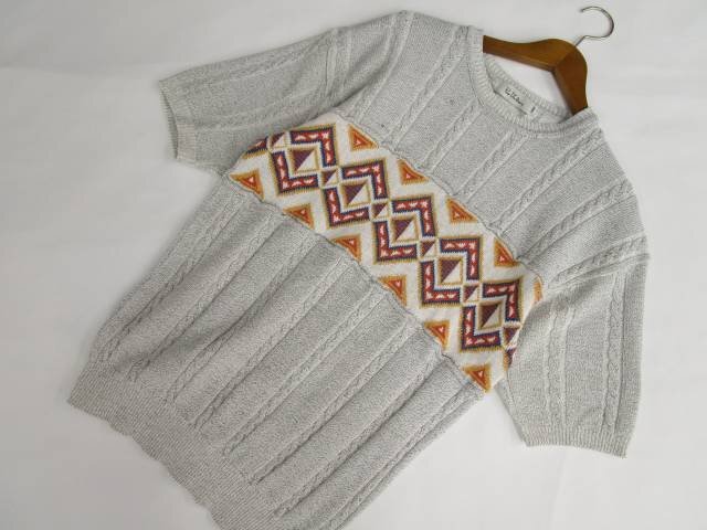 メンズ 美品 Pro Vanlia 半袖 クルーネック ニットセーター L ライトグレー&オレンジ×ブルー×ホワイト×イエロー 三角&四角拍卖