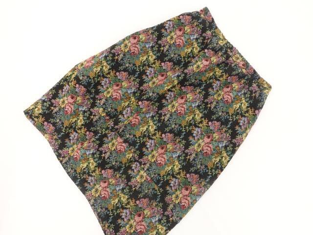 大きいサイズ 美品 スマイルランド SMILELAND ロング丈 ツイードフレアスカート 3L ブラック地 マルチカラー 花柄拍卖