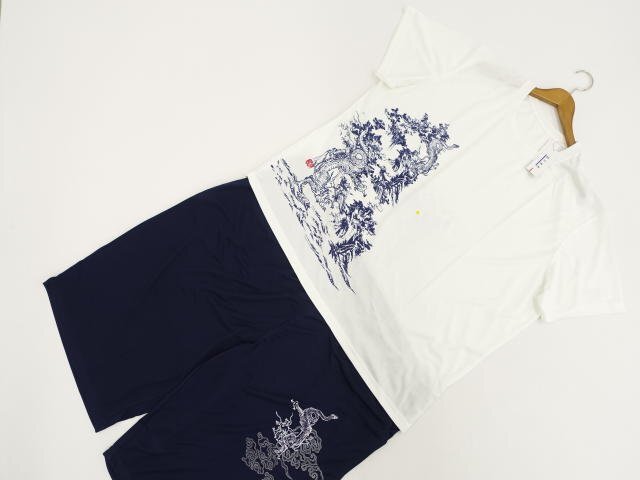 大きいサイズ メンズ 訳あり未使用品 vide et bois 半袖Tシャツ+ハーフパンツ ジャージ上下2点セット 8L 白地 龍&和柄/紺地 龍&和柄拍卖