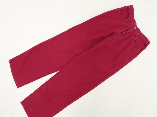 メンズ 美品 カンサインパクト KANSAIMPACT ノータックデニムワイドパンツ レッド系 ゴールド×シルバー 英字刺しゅう拍卖