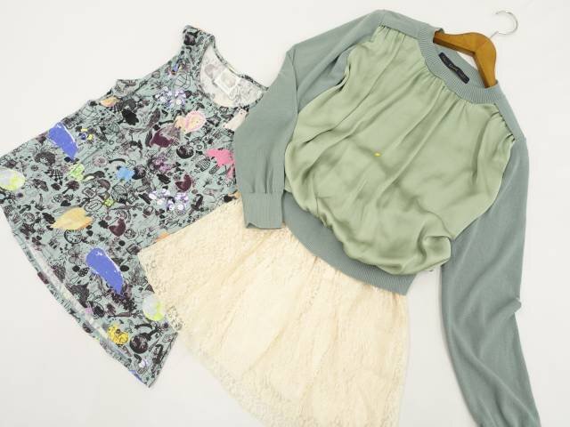 美品 ScoLar等 カットソー2点+マイクロ丈スカート コーデ3点セット M相当 緑系/緑地 アニマル柄/アイボリー 花柄 ガーリー系 20代~拍卖