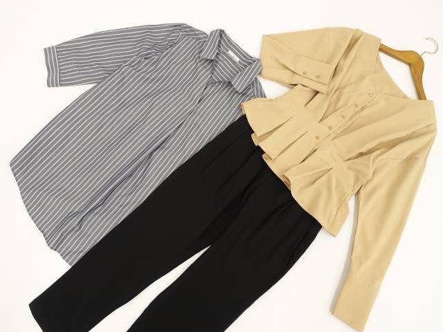 美品 titivate等 POブラウス+ブラウス+パンツ コーデ3点セット M相当 グレー系地 白 ストライプ/ベージュ/黒 フェミニン系 20代~50代~拍卖