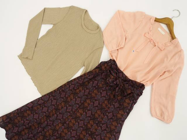 美品 any SiS等 POブラウス+カットソー+ロング丈 2wayスカート コーデ3点セット M オレンジ系/茶/紫×赤茶 総柄 フェミニン系 30代・40代拍卖