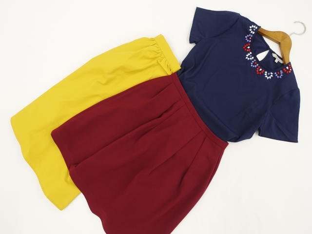 美品 ROPE PICNIC&GU等 半袖カットソー+膝丈フレアスカート2点 コーディネート3点セット S相当 紺/赤系/黄系 シンプル系 20代・30代拍卖