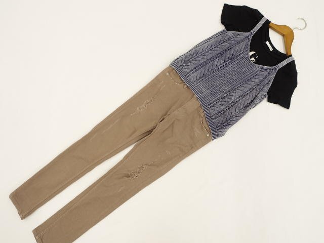 美品 GYDA ニットビスチェ+半袖Tシャツ+スキニーパンツ GYDAコーデ3点セット M相当 青系 MIX/黒地 ロゴ/茶系 カジュアル・クール系 20代拍卖