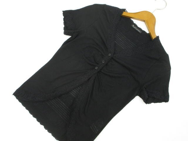 美品 リガードクレッシェンド Regard caressant 半袖 洗えるニットカーディガン M ブラック/ブラック 花柄 【メール便可】拍卖