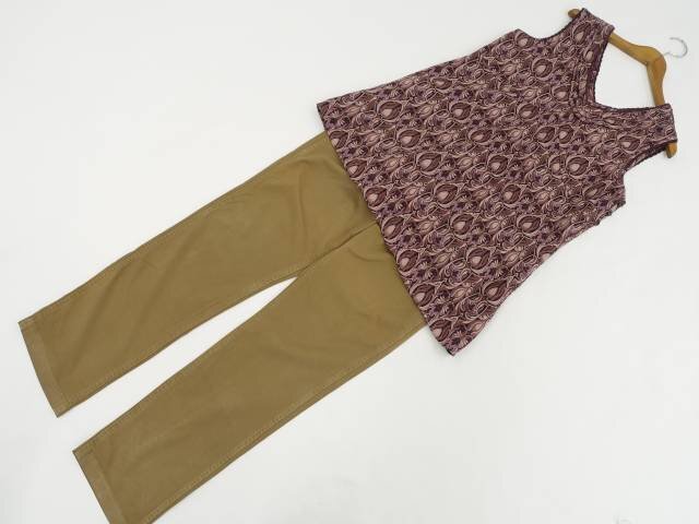美品 Haple feel&UNIQLO 洗える ノースリーブチュニック+ストレートパンツ コーディネート2点セット L相当 紫系 総柄/茶 カジュアル系 20代拍卖