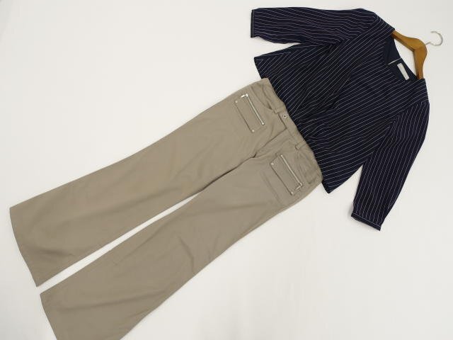 美品 ZAZIE等 七分袖POブラウス+ストレートパンツ コーディネート2点セット M相当 紺地 ストライプ/グレージュ カジュアル系 20代・30代~拍卖