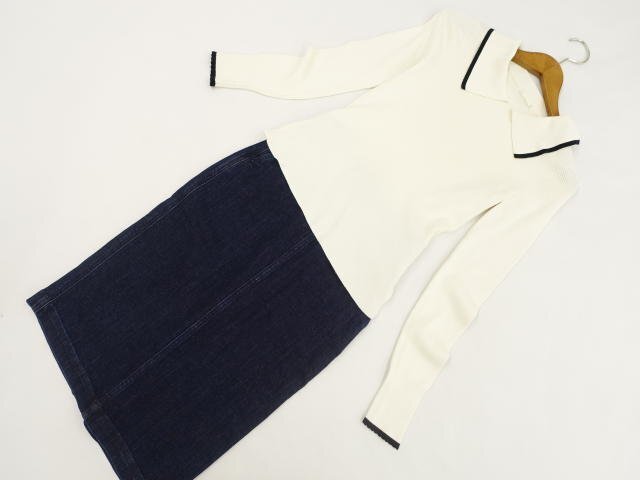 美品 23区等 長袖ニットカットソー+膝丈デニムタイトスカート コーディネート2点セット XS相当 ホワイト/ブルー カジュアル系 20代~30代~拍卖