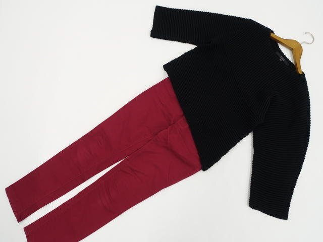 美品 comfort basic等 七分袖ニットセーター+スキニーパンツ コーディネート2点セット XS相当 ブラック/レッド系 クール系 20代・30代拍卖