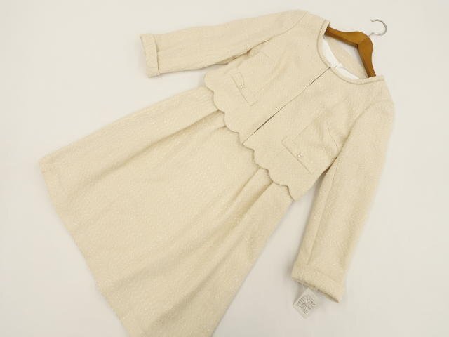 新品タグ付き ノーカラージャケット+膝丈ドッキングワンピース ツイード春夏フォーマル2点セット 9AR ベージュ×白 礼服 冠婚葬祭拍卖