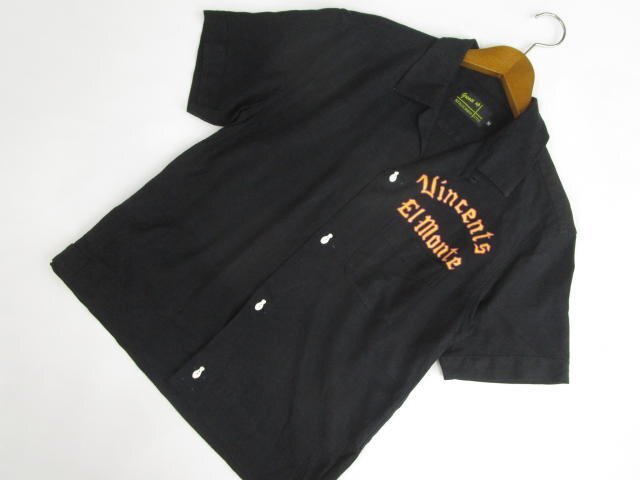 メンズ 美品 grease up 半袖 シャツ M ブラック地 オレンジ×パープル 英字&車 プリント 【メール便可】拍卖