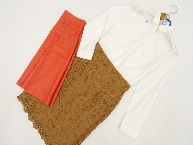 美品 UNIQLO等 長袖シャツ+膝丈 レースタイトスカート+台形スカート コーディネート3点セット M相当 白/茶 花柄/赤系 きれいめ系 30~40代拍卖