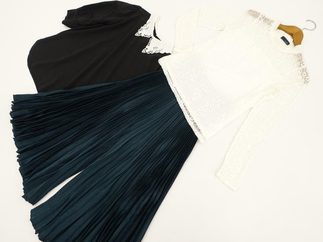 美品 a.g. plus等 長袖カットソー+五分袖POブラウス+プリーツスカーチョ コーデ3点セット M 白 花/黒/緑 ガーリー・フェミニン系 20代~拍卖