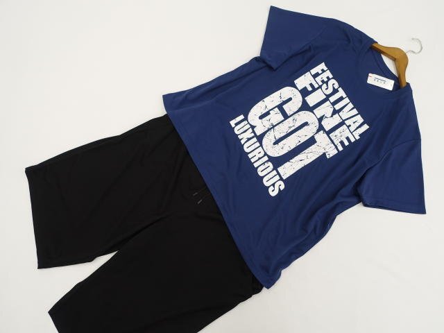 大きいサイズ メンズ 新品タグ付 vide et bois 洗える半袖Tシャツ+ハーフパンツ ジャージ上下2点セット 6L ブルー地 英字/ブラック拍卖