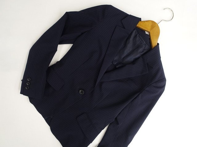 美品 ザスーツカンパニー THE SUIT COMPANY 洗える 長袖 春夏テーラードジャケット 36 ネイビー グレー ストライプ柄拍卖