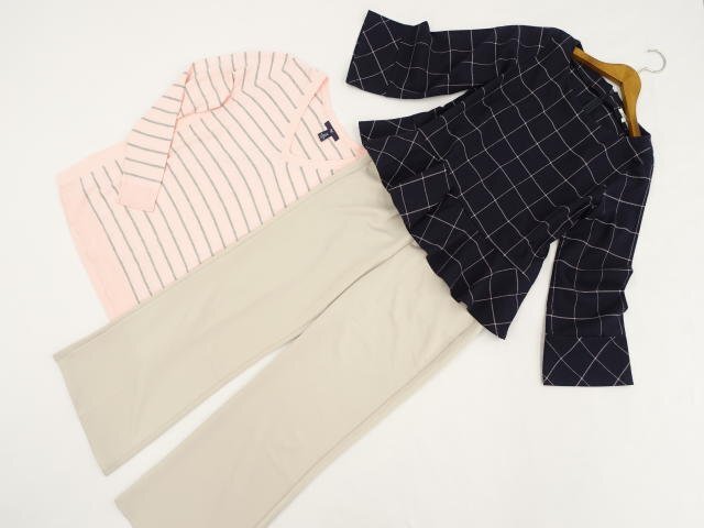 美品 GAP等 カットソー2点+ストレートパンツ コーデ3点セット M相当 ピンク地 ボーダー/紺地 チェック/ベージュ系 きれいめ系 30~40代拍卖