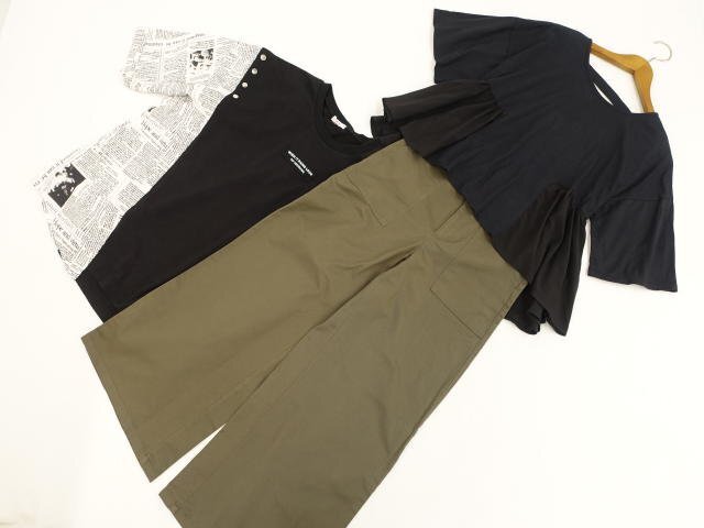美品 GU等 七分袖カットソー+五分袖カットソー+ワイドパンツ コーデ3点セット M相当 黒&白地 黒 英字/黒/カーキ カジュアル系 20代・30代拍卖