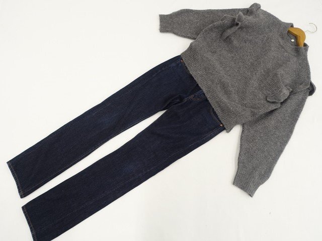 美品 UNIQLOなど 洗える長袖ニットセーター+デニムスリムパンツ コーディネート上下2点セット M相当 グレー杢/ブルー カジュアル系 20代拍卖