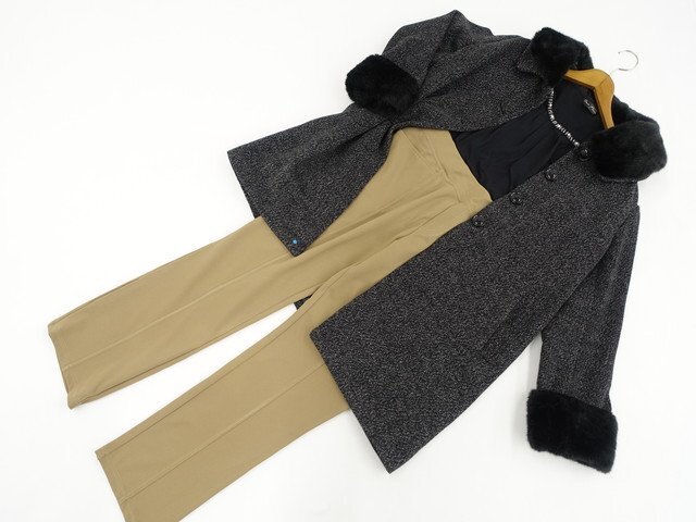 美品 L.R等 長袖コート+長袖カットソー+レギンスパンツ コーディネート3点セット LL相当 黒×白 MIX/黒/茶 きれいめ系 20代拍卖