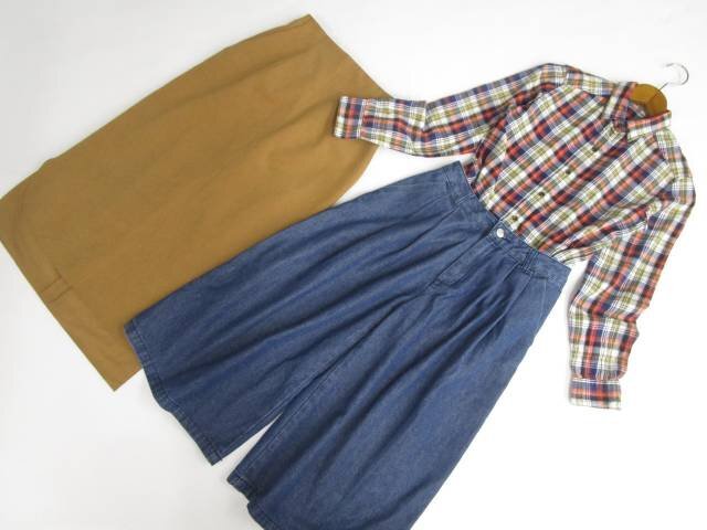 美品 GU等 ネルシャツ+キュロット+ロングスカート コーデ3点セット S相当 マルチカラー チェック/青系/茶系 カジュアル 20代~50代拍卖