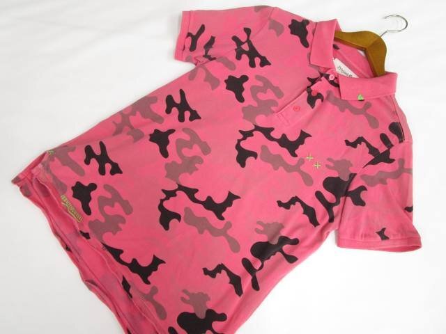 メンズ 美品 プロジェクトイー Project E 半袖 ポロシャツ M ピンク×ブラック×ブラウン 迷彩柄 【メール便可】拍卖