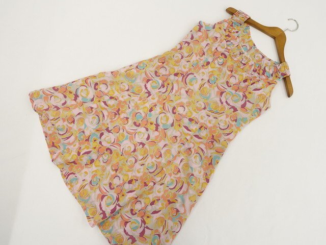 美品 MICHIKO LONDON ひざ丈 ラウンドネック ノースリーブワンピース 9号ベージュ系×オレンジ系×レッド系×ピンク系 花柄 【メール便可】拍卖